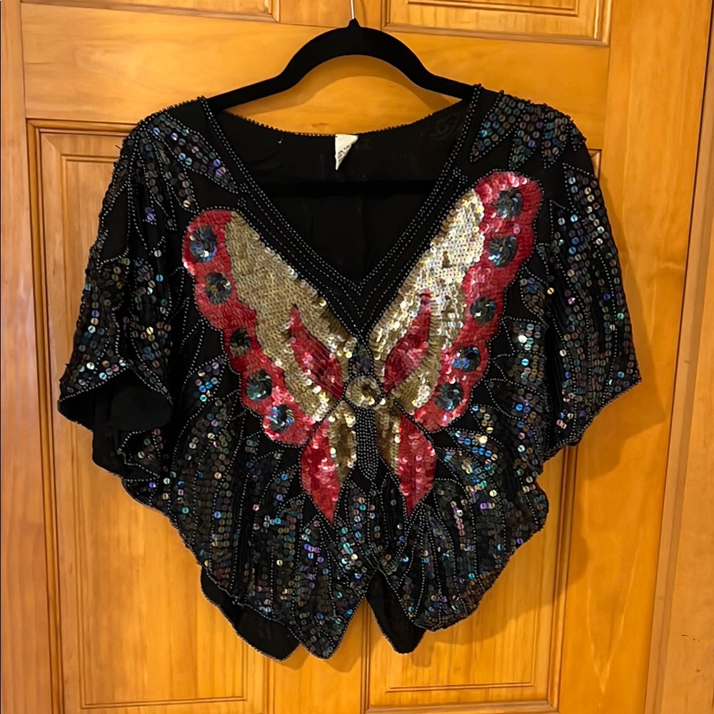 70s Vintage Sequin Butterfly V-Neck Women’s Silk Top